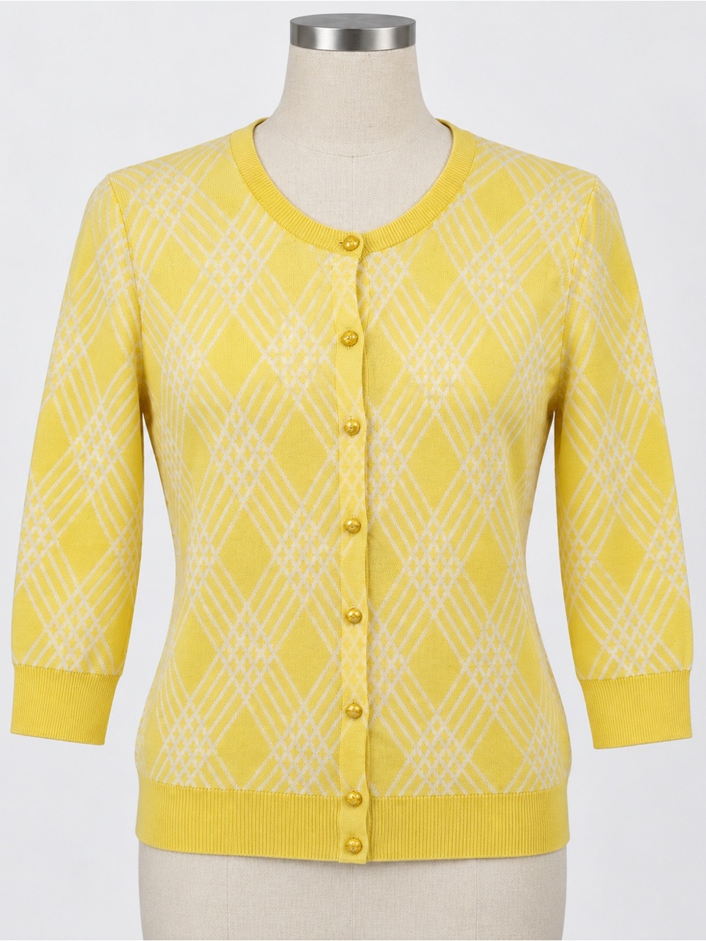 Talbots Soft Cotton Yellow Diamond-Pattern Button Cardigan